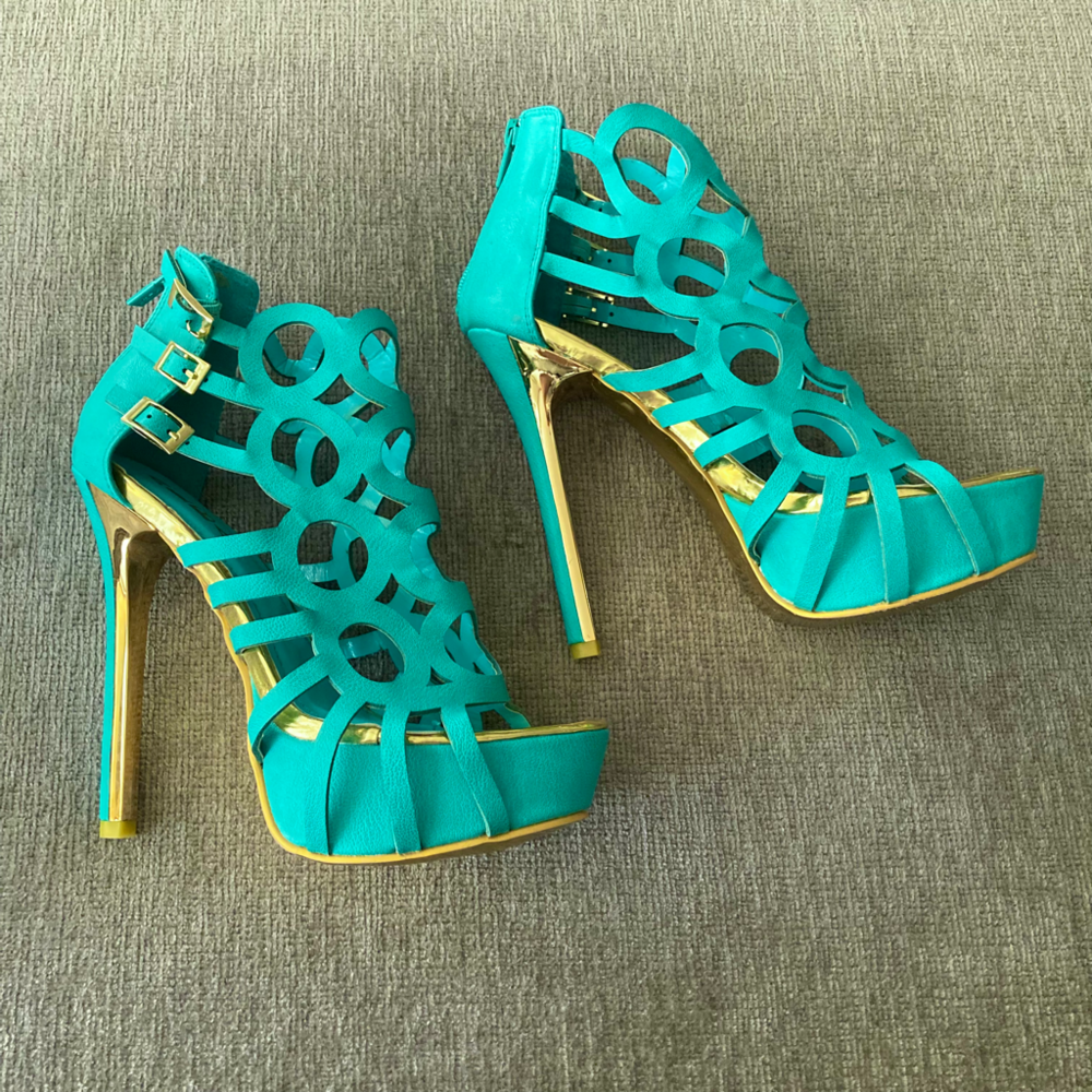 alea 8.5 high heel platform teal gold heels zip back circle front